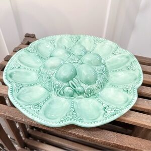 Elegant Pastel Mint Green Ceramic Deviled Egg Plate Studio Pottery Bunny Easter